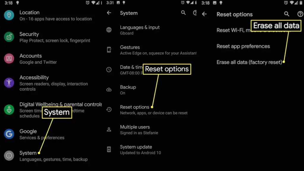 Factory reset (Erase all data)