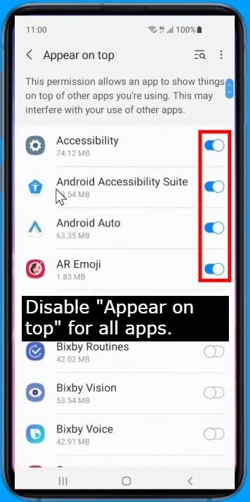 Turn off the Appear on Top permission for all listed apps